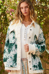 POL Jacquard Patch Collared Neck Quilted Jacket Cream Green OutfitFlow